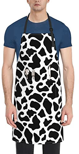 Unisex-Latzschürze mit 2 Taschen, Kuhfell-Druck, Küche, Kochen, Kochschürzen für Grillen, Backen, Gartenarbeit, Schwarz , One size