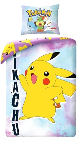 Wende-Bettwäsche-Set Pokemon Pikachu - Einzelbett 2-teilig Bettbezug 140 x 200 cm und Kissenbezug 70 x 90 cm - 100% Baumwolle Ökö-Tex Standard 100