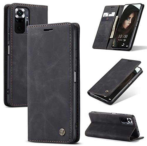 owlhold Handyhülle für Xiaomi Redmi Note 10 Pro/10 Pro MAX Hülle, Premium Lederhülle Weiches Vintage-Nubukleder Faltbare Ständer Klapphülle Schutzhülle für Redmi Note 10 Pro/10 Pro MAX -Schwarz