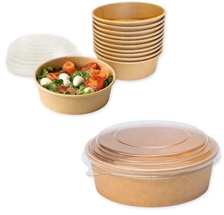 ECOPICNIC 300 Pack Kraft Salad Bowls with PET Lids 500 ml | Disposable Food Containers for Salads, Soups, and Takeaway, Eco-Friendly Paper Bowls with Clear Leak-Proof Lids