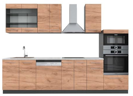 Vicco Küchenzeile Fame-Line, Goldkraft Eiche/Anthrazit, 300 cm mit Hochschrank, AP Marmor