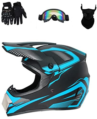 HaTur Motocross Helm Motorrad Helm DOT Downhill Fullface Helm Unisex Jugend Renn Motocross Fahrradhelm Off Road Dirt Bike Helm mit Handschuhen Brille Maske (Himmelblau, M)