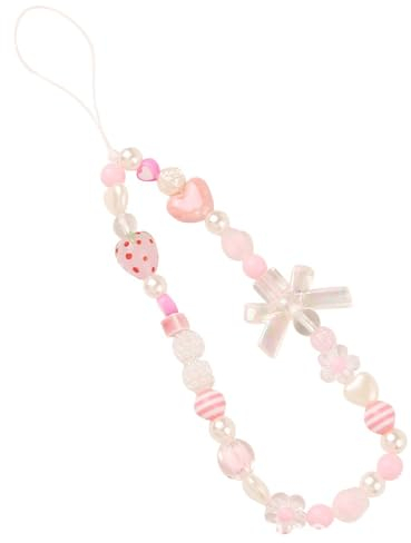 IPNSDON Cordon de téléphone portable, chaîne de pendentif de boîtier de téléphone portable anti-perte rose, pendentif de téléphone portable, chaîne de perles, décoration de corde (fraise)