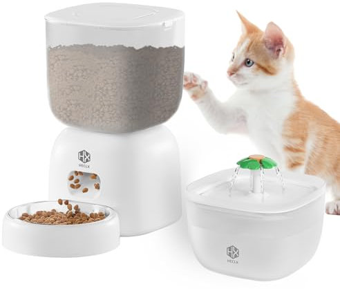 Juego de comedero automático para gatos y fuente de agua para perros con cuenco de comida para mascotas, con cable o batería, temporizador inteligente de control de porciones, tapa de bloqueo,