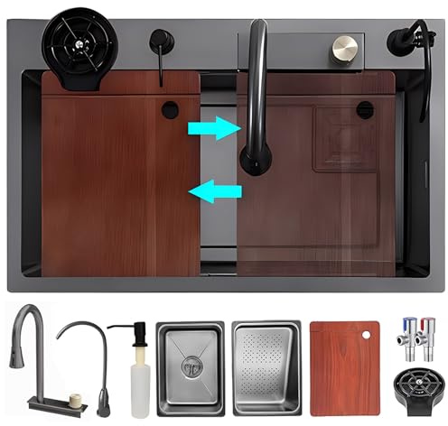 Fregadero De Cocina Para Estación De Trabajo Con Grifo De Cascada, Juego De Lavabo De Acero Inoxidable Doméstico De Un Solo Tazón, Lavadora De Ollas A Presión, Tabla De Cortar, Canasta De Drenaje Y Ac