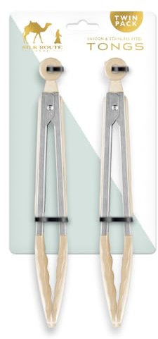 Silk Route Home Stainless Steel & Cream Silicone 2 Pack Food Tongs Kitchen Utensil