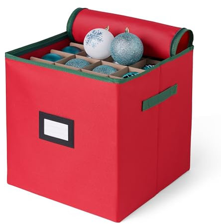 Joiedomi Caja Para Guardar Adornos Navideños, Contenedor Navideño Para Guardar Hasta 64 Adornos Navideños de 3/7.62cm, Organizador de Adornos Navideños con Dos Asas (Rojo)