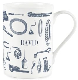 Purely Home Custom Vintage Hobbies Mug - Bespoke Car Tools Gifts for Mechanics - Blue & White Bone China Coffee/Tea Cup Present