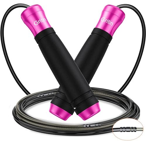 Gritin Skipping Rope for Adults, 3M Speed Jump Rope Adjustable Cord with Scale Marking & Rapid Ball Bearings, Soft Foam Handle Tangle-free for Fitness- Length Adjuster Included-Rose