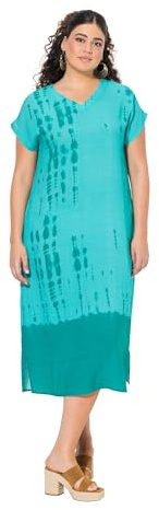 Ulla Popken Damen große Größen Übergrößen Plus Size Kaftan, Leinenmix, Batikdruck, V-Ausschnitt, Halbarm dunkel Petrol 50+ 838672769-50+