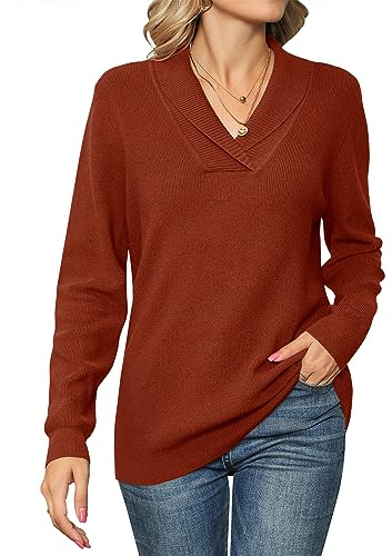 IECCP Ladies Jumper Long Sleeve Tops Womens V Neck Lightweight Knit Sweater Solid Color Pullover Orange XL