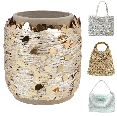 Uiopa Filo Paillettes per Borse Uncinetto, 50g Filato Metallico in Poliestere, Filo Macrame Glitter Crochet Yarn per Borse, Cestini, Decorazioni, Artigianato (Oro Rosa)