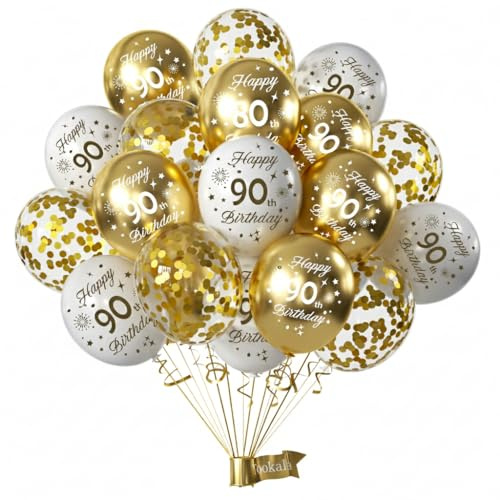 Tookala 90. Geburtstag Luftballons Gold, 12 Stück Weiß Gold Konfetti LuftBallons, 90th Happy Birthday Ballons, 90th Geburtstag Deko Jubiläum Partydeko Frau Damen Herren