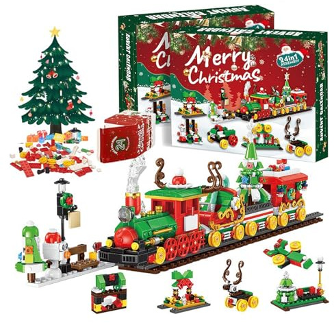 Calendrier de l'Avent 2025 en briques - Compte à rebours de 24 jours avec décorations de renne en traîneau, arbre de Noël et train de Noël - Cadeau pour enfants, garçons, filles et adultes (C)
