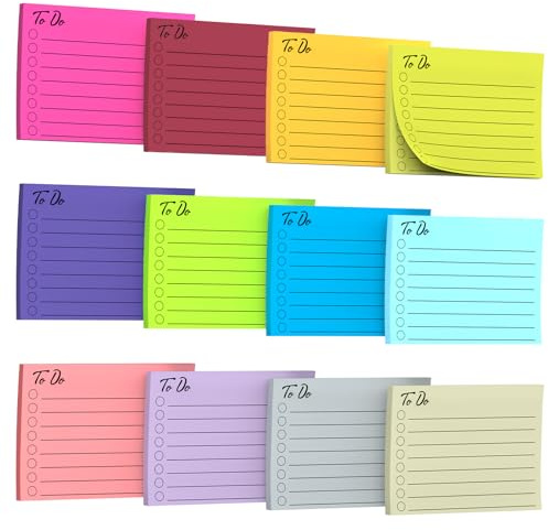RITOLLO 12er Pack To Do Liste Haftnotizen 600 Blätter, Liniert in Leuchtenden Farben, Selbstklebende Notizblöcke 10 x 7 cm, Sticky Notes für Büro, Schule & Haushaltsorganisation
