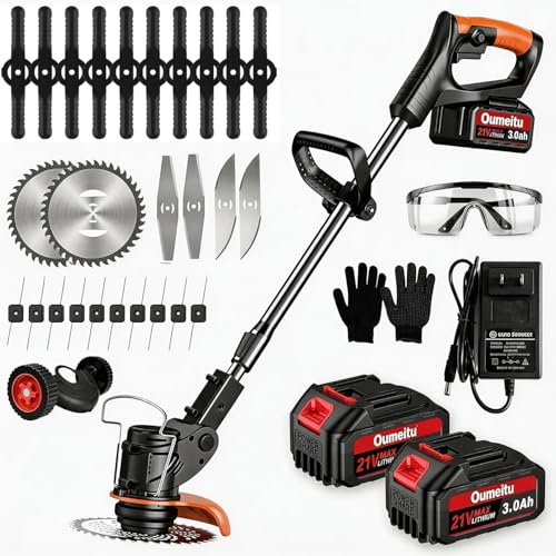 Débroussailleuses Electrique sans Fil, Coupe Bordures sans Fil a 2 21V 3.0Ah Batterie et Chargeur Rapide & 4 Types Lames, Debrouissalleuses a Batterie pour Tondre Les Pelouses du Jardin Pelouse Ferme