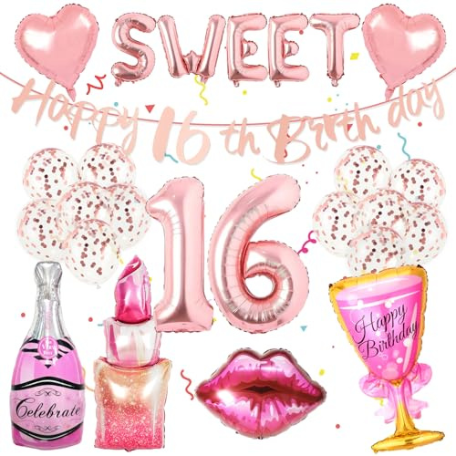 21 Stück Geburtstagsdeko 16 Jahre Mädchen, Sweet Sixteen Deko | Luftballon 16. Geburtstag Deko Mädchen Roségold, Sweet 16 Deko, Liebesherz, Lippenstiftballon, Sweet 16. Geburtstag