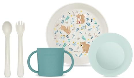 Miniland - Vajilla para Bebé de Aprendizaje | Plato, Vaso Antiderrame y Cubiertos Adaptados para Bebé | Vajilla Infantil Libre de BPA (Set Dreamland)