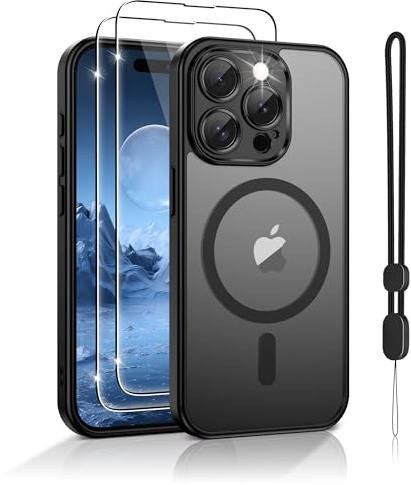 Jshru 3-in-1 Magnetic Case for iPhone 15 Pro: Compatible with MagSafe, Includes Anti-Loss Phone Lanyard & HD Screen Protector, Slim & Protective Cover,iPhone 15 Pro 6.1''-Black