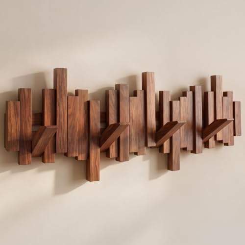 Toyzy Garderobenleiste Holz 8 Haken, klappbar & Magnet | für Flur & Schlafzimmer,Garderobe,Wandgarderobe, Klappbarer Magnethaken im Klavierdesign(Nussbaum)
