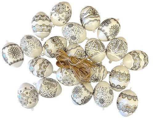 Ukrainisches Kunsthandwerk Ostereier Set zum Aufhängen – 21 Kunststoff Eier mit Schrumpffolie verziert – Schwarz Gold Weiß – Osterstrauß Deko – Fertige Ostereier Set