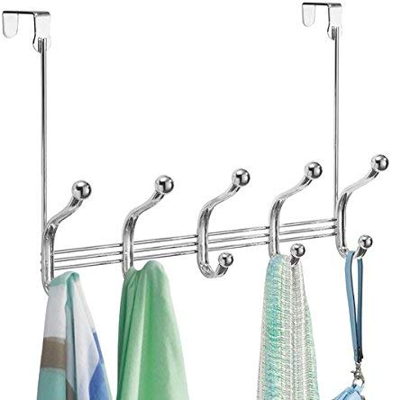 mDesign Hakenleiste - 10 Garderobenhaken für die Tür in Flur und Bad - Türgarderobe für Mäntel, Jacken, Bademäntel, Handtücher - Farbe: Chromfarben