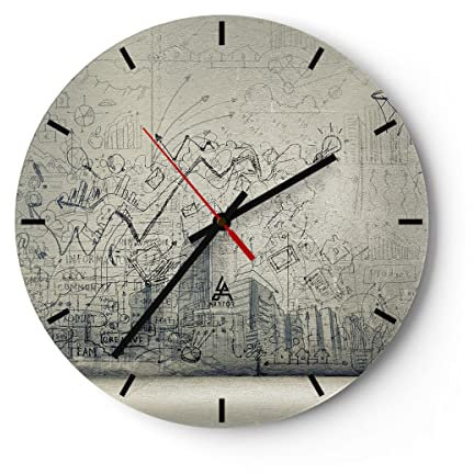 Modern Wanduhr Graffiti Tapete Zeichnung Haus 30x30cm Rund Klein Wand Uhr Glas Analog Zimmeruhren Küche Büro Wohnzimmer Glasuhr Wall Clock Dekoration Design Wanddekoration Küchenuhr C3AR30x30-2801