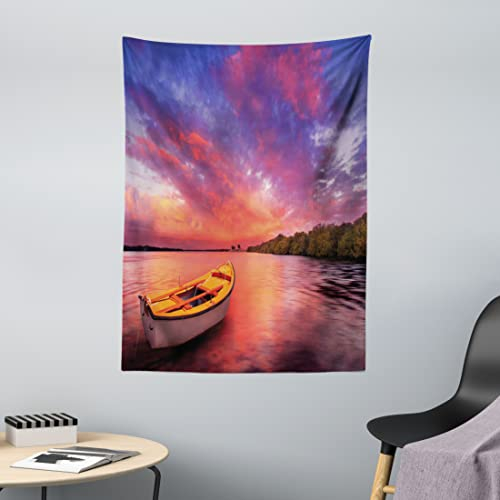 ABAKUHAUS Sonnenuntergang Wandteppich, Meerküste mit einem Ruderboot aus Weiches Mikrofaser Stoff Waschbar ohne Verblassen Digitaldruck, 110 x 150 cm, Rosa und Lila