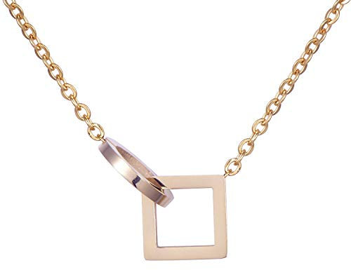 Morella Collier Femme avec Pendentif Cercle et carré Acier Inoxydable Or Rose et Sac en Velours