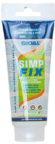 SIGILL, Simp Fix transparente, adhesivo y sellador híbrido de un solo componente, fabricado en Italia, se adhiere también a superficies húmedas y garantiza la máxima estanqueidad, tubo de 100 ml