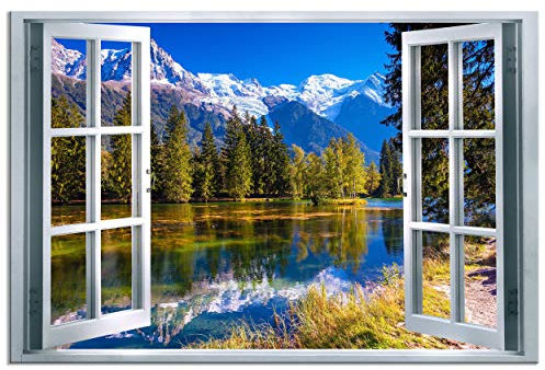 decomonkey - Impression sur Toile Paysage Montagnes 120x80 1 Pièce - Tableau Décoration Appartement Cadre en Bois Déco Salon Peinture sur Toile Arbres montagnes lac paysage vue depuis la fenêtre