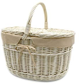 MyBer® Weidenkorb Korb aus Weide mit Stoffeinlage Picknickkorb Pilzkorb Autokorb Ausflugskorb 40/28/22cm (38cm mit Griff) Tragekorb mit 2 Deckeln Vollweide Einkaufskorb geflochten weiß K13-027-W-SB