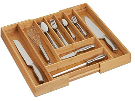 Relaxdays 10032171 Besteckkasten, Bambus, ausziehbar, Besteckeinsatz für Schubladen, 7 bis 9 Fächer, HBT 5x49, 5x44, 5 cm, Natur, MDF, Hellbraun
