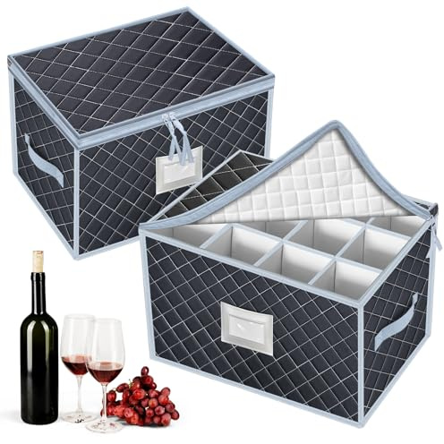 VERONLY Wine Glass Storage Box with Dividers Holds 24 Stemware Storage Cases or China Crystal Glassware Containers with Handles and Lable Window (15.5 x 12.5x10)-Set of 2 Grey