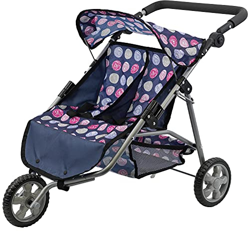 The Magic Toy Shop BiBi Doll Blue Twin Stroller, Ideal Twin Dolls Prams and Pushchairs - Adjustable Canopy and Handle, Under Storage Space, Collapsible - Dolls Double Buggy Toy Pram Double Dolls Pram
