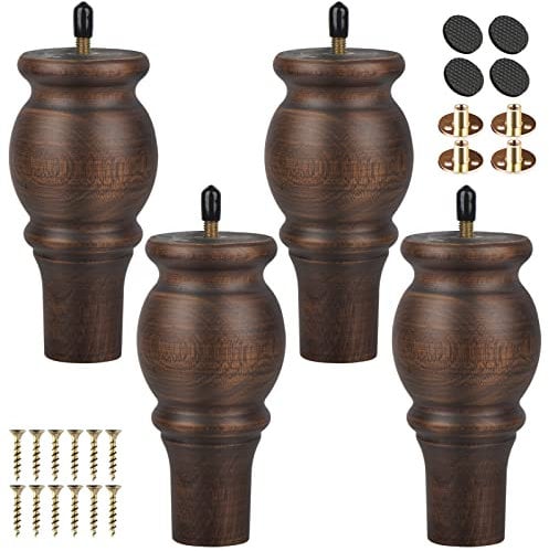 TCHOSUZ 5 inch / 12cm Wooden Furniture Legs, Pack of 4 Classic Glaze Solid Wood Turned DIY Replacement Bun Feet with M8 Hanger Bolts & T-Nuts for Sofa Couch Cabinet Buffet Table Ottoman Riser