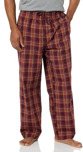 Amazon Essentials Herren Gewebte Straight-Fit Pyjamahose Mit Taschen, Burgunderrot Rostfarben Plaid Mischen, M
