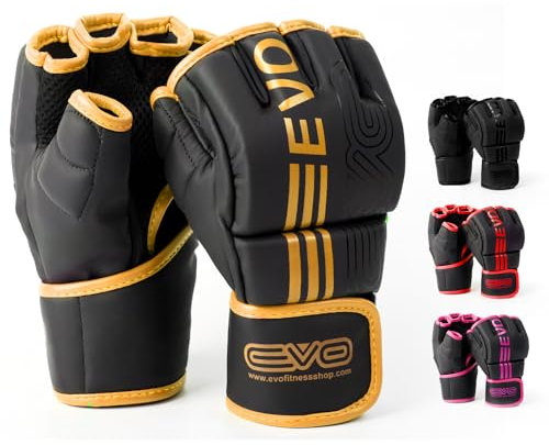 EVO Fitness Guantes MMA Negros Mate Guantes de Artes Marciales Guarnición de Combate Hombres Muay Thai Cage Lucha Boxeo Deportes de Combate Mujeres Rosa UFC Punching Bag Entrenamiento (Dorado, M)