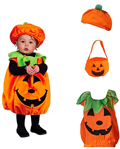 ASSUGO halloween kostüm kürbis kinder, kinder kürbis kostüm mit halloween süssigkeiten beutel, kürbis kostüm kinder mit hut, halloween kostüm kinder mädchen jungen für Fasching Party 3-10 Jahre