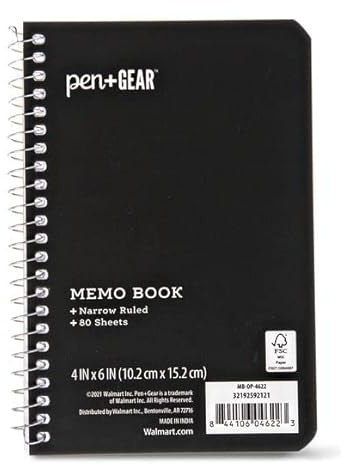 Pen Gear Memo Pad 4x6 Narrow Ruled 80 Sheets, Black Spiral Bound Pack 6