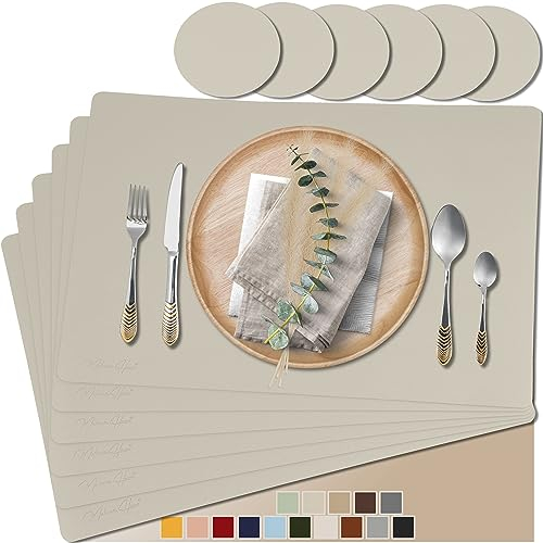 Mahewa® 6er Set Premium Tischset aus Kunstleder - Platzset abwaschbar und wasserdicht - Platzdeckchen Telleruntersetzer in Lederoptik (Greige, Eckig)