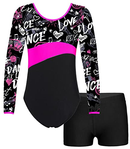 Alvivi Mädchen Turnanzug Einhörner Gymnastikanzug mit kurzer Hose Langarm Ballettanzug Turntrikot Leotard Gymnastik Tanzkostüm B Rock Rose 146-152