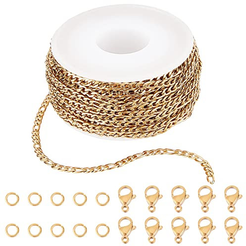 SUNNYCLUE DIY 10m 32.8 Fuß 3mm Goldkette Rolle Figaroketten Edelstahl Kabelkette Halskette Ketten Mit Biegeringen Karabinerverschlüsse Für Frauen Erwachsene Schmuckherstellung Kits Halsketten Armbände