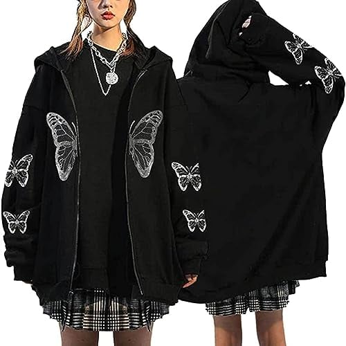 Y2K Zip Up Hoodie Damen Oversize Hoodies Jacke Y2K Fashion Übergroße Schmetterlinge Pullover Aesthetic Vintage Damen Sweatjacke Baggy 90S E-Girl Fashion Harajuku Vintage Jacke Mantel Streetwear