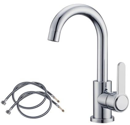Small Kitchen Sink Faucet Single-Handle Monobloc Mixer Taps with 360º High Arc Swivel Spout Bar Sink Tap 1 Hole Bathroom Basin Faucet with UK Standard Hoses | Chrome