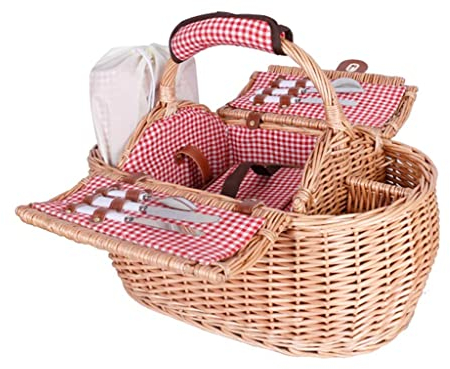 FURLOU Picknickkorb Weide mit Besteck Picknickmatte für 2 Personen Große Picknickkörbe mit Staufach 53x28x22cm