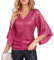Damen Elegant V-Ausschnitt Shirt Lange Poncho-Ärmel Cocktail Bluse mit funkelnden Pailletten Leicht Weich Rose Rot Pailletten L