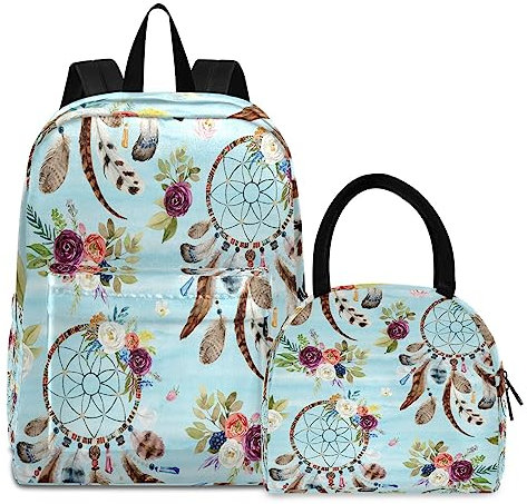 YOUJUNER Kinderrucksack Lunchbox Schulranzen Set Feder-Traumfänger Rucksack Schulrucksack Backpack Leichte Reiserucksack für Mädchen Jungen