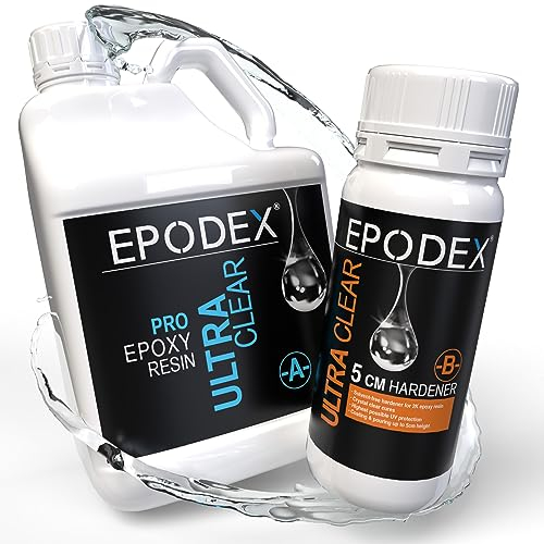 EPODEX Epoxidharz Set PRO+ | Kristallklares Epoxy Resin für Gießhöhen bis 5cm | Gießharz Set ohne oder mit Farbstoffen | Für River-Tische, Lampen, Projekte mit hohen Form- und Gussteilen, usw