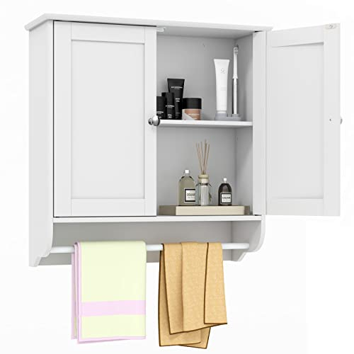 COSTWAY Badschrank hängend, Badezimmerschrank mit Handtuchhalter, Hängeschrank Holz, Medizinschrank Wandschrank für Badezimmer, 60 x 21 x 61 cm (Weiß)